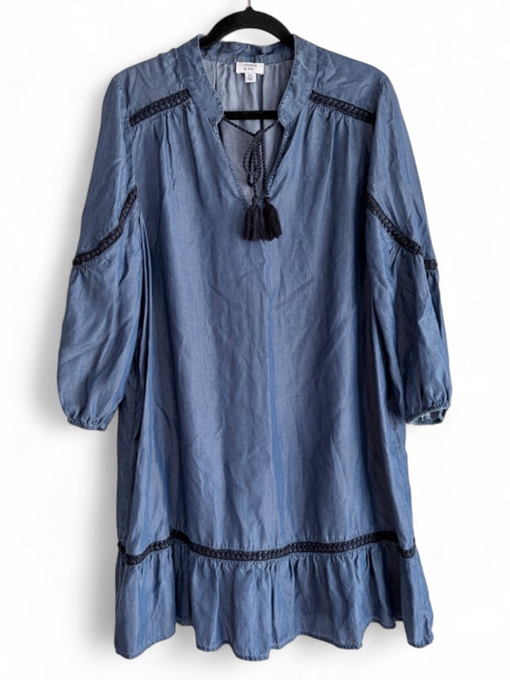 Crown & Ivy Blue Chambray Tassel Tie Neck Peasant Dress Size XL